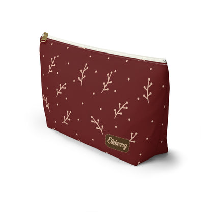 Big Bottom Zipper Pouch - Cream Berry Branches on Berry Background