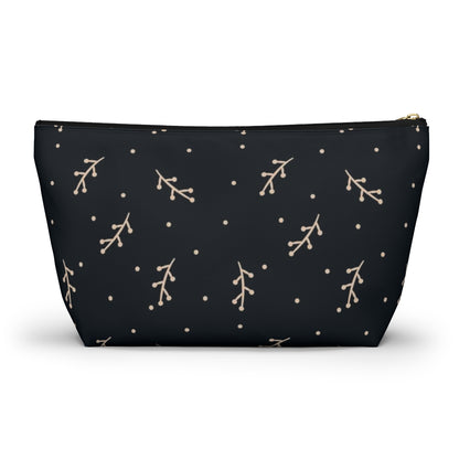 Big Bottom Zipper Pouch - Cream Berry Branches on Navy Background