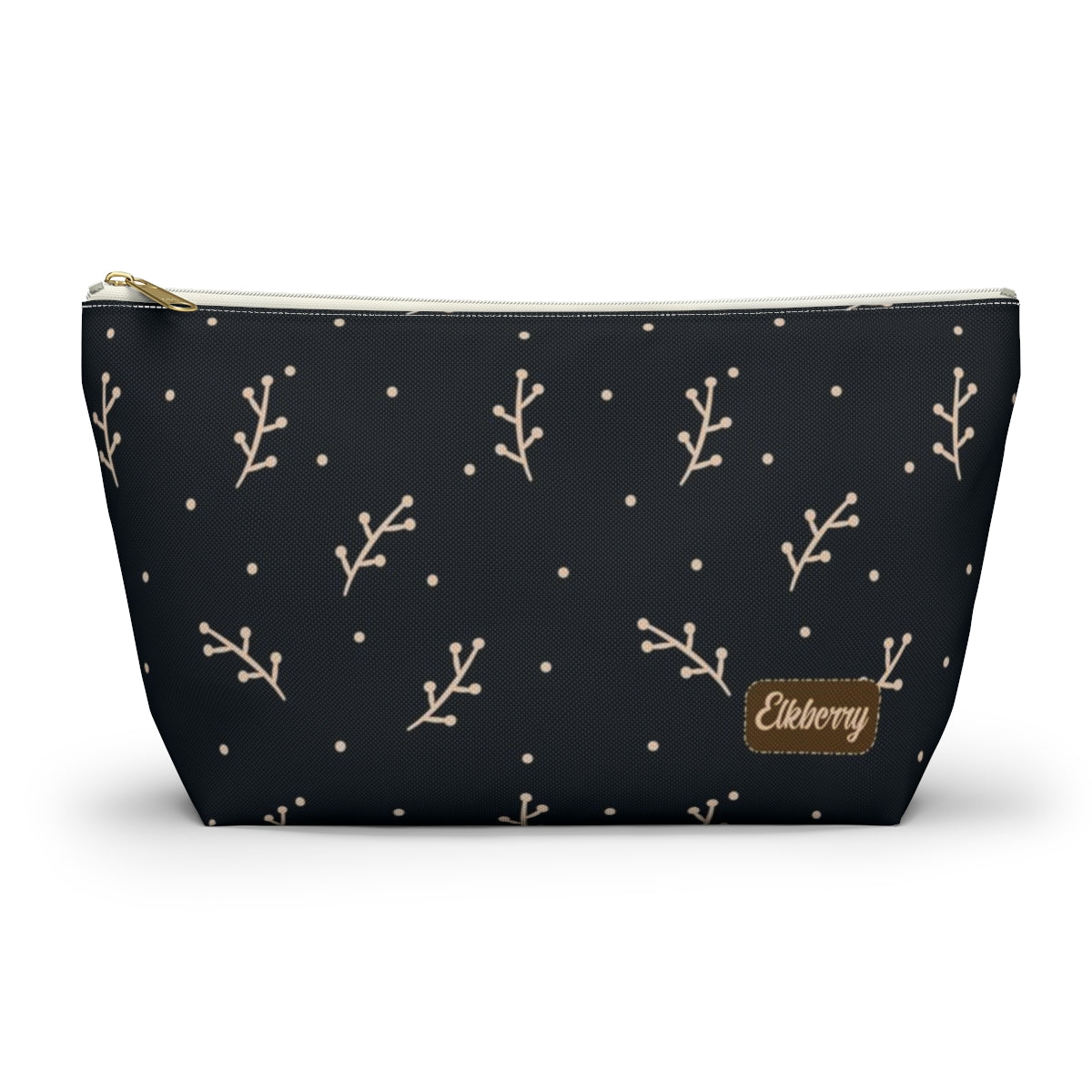 Big Bottom Zipper Pouch - Cream Berry Branches on Navy Background