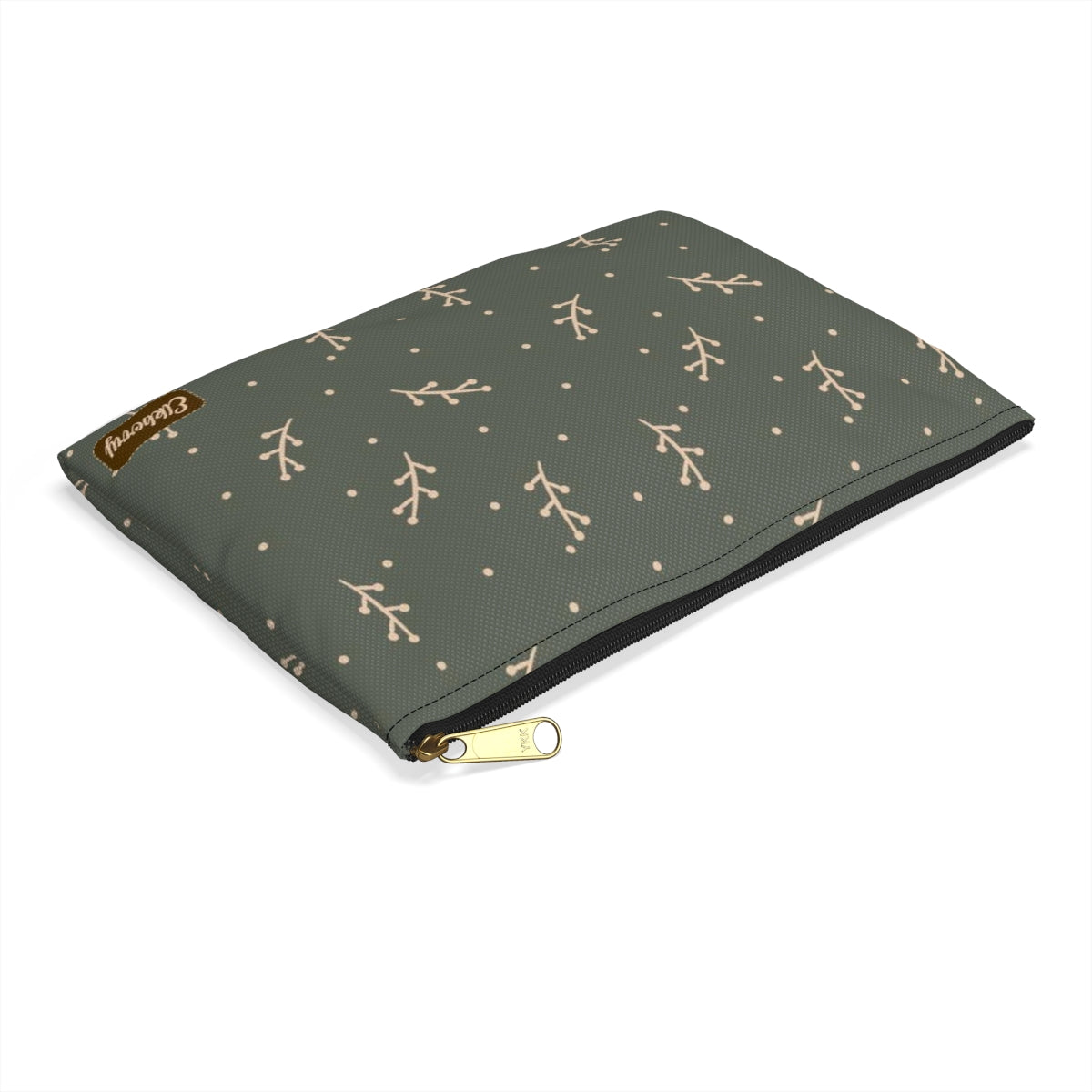 Flat Zipper Pouch - Cream Berry Branches on Olive Background