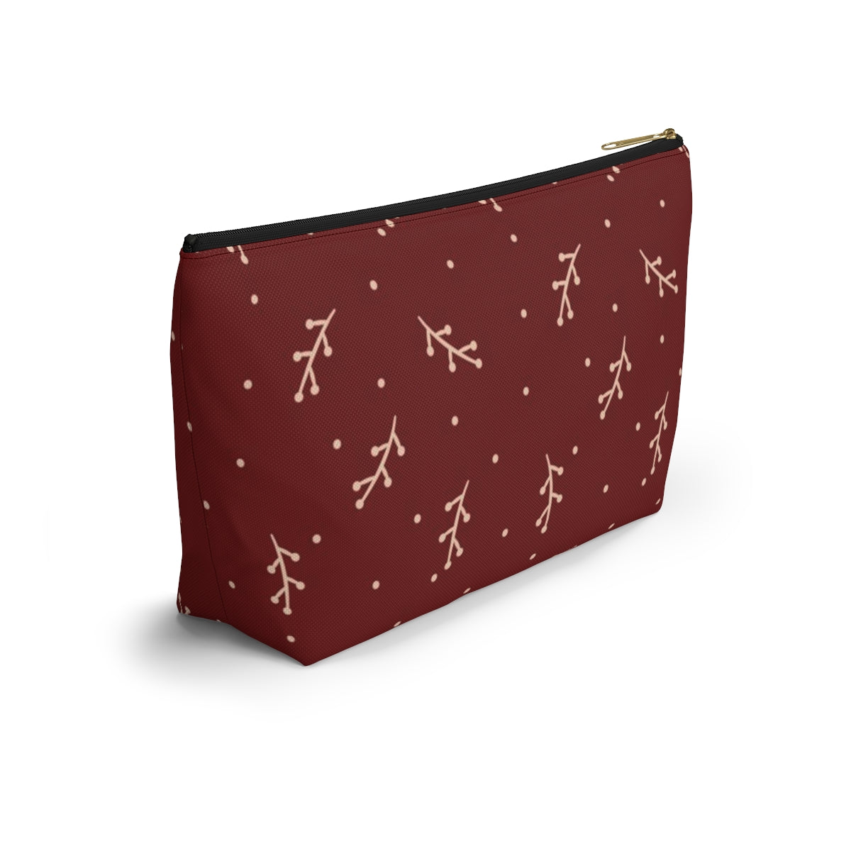 Big Bottom Zipper Pouch - Cream Berry Branches on Berry Background