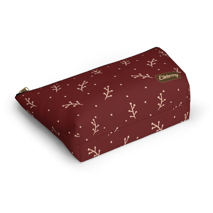 Big Bottom Zipper Pouch - Cream Berry Branches on Berry Background