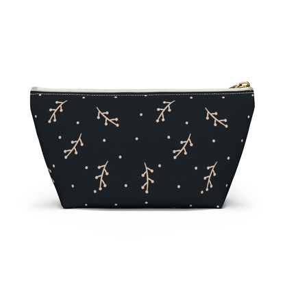 Big Bottom Zipper Pouch - Cream Berry Branches on Navy Background