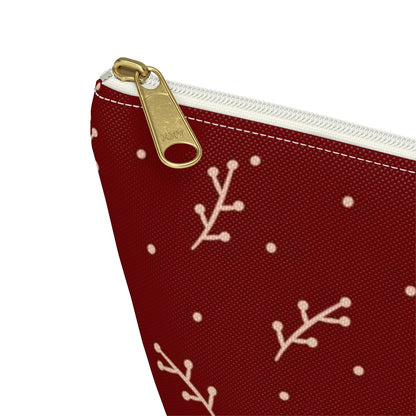 Big Bottom Zipper Pouch - Cream Berry Branches on Berry Background