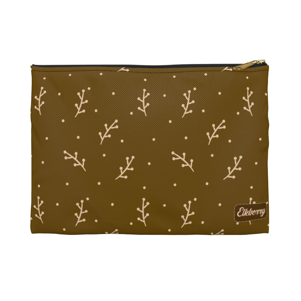 Flat Zipper Pouch - Cream Berry Branches on Mustard Background