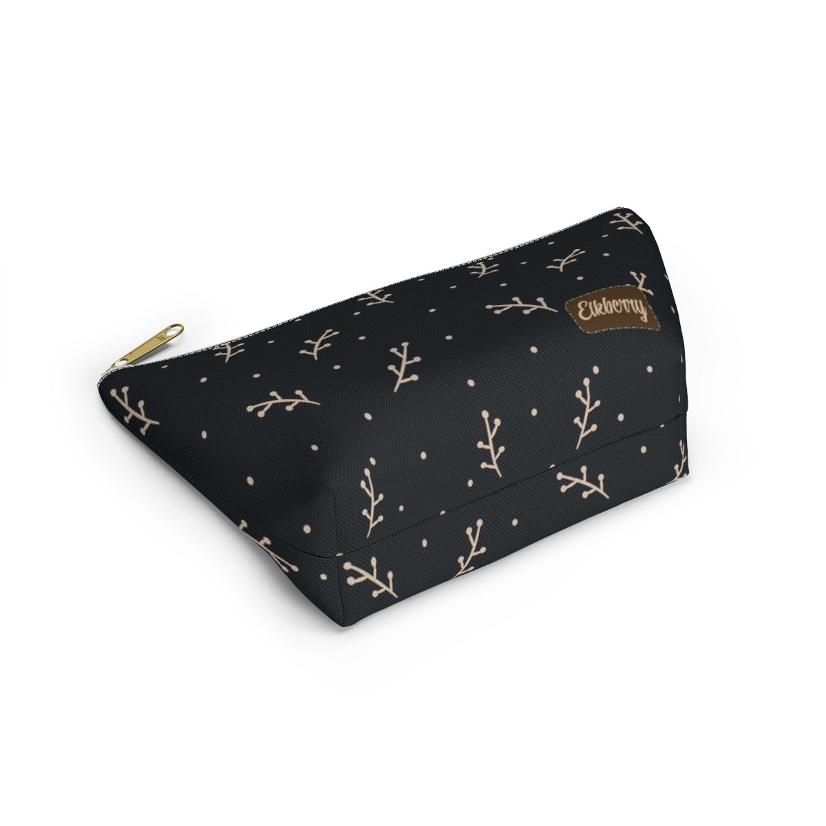 Big Bottom Zipper Pouch - Cream Berry Branches on Navy Background