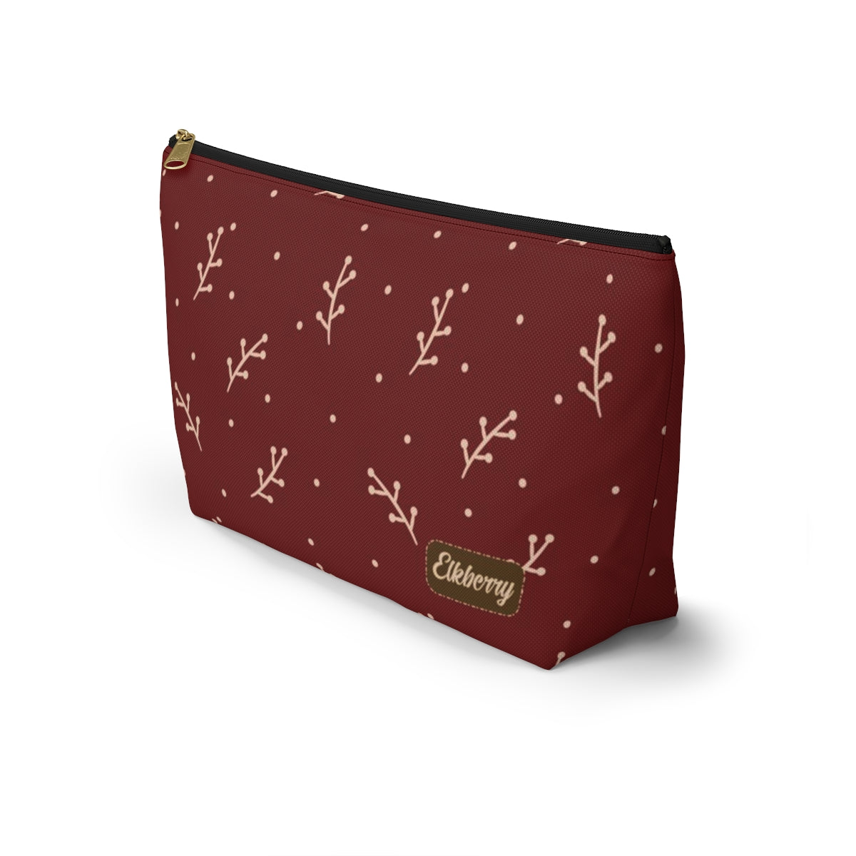 Big Bottom Zipper Pouch - Cream Berry Branches on Berry Background