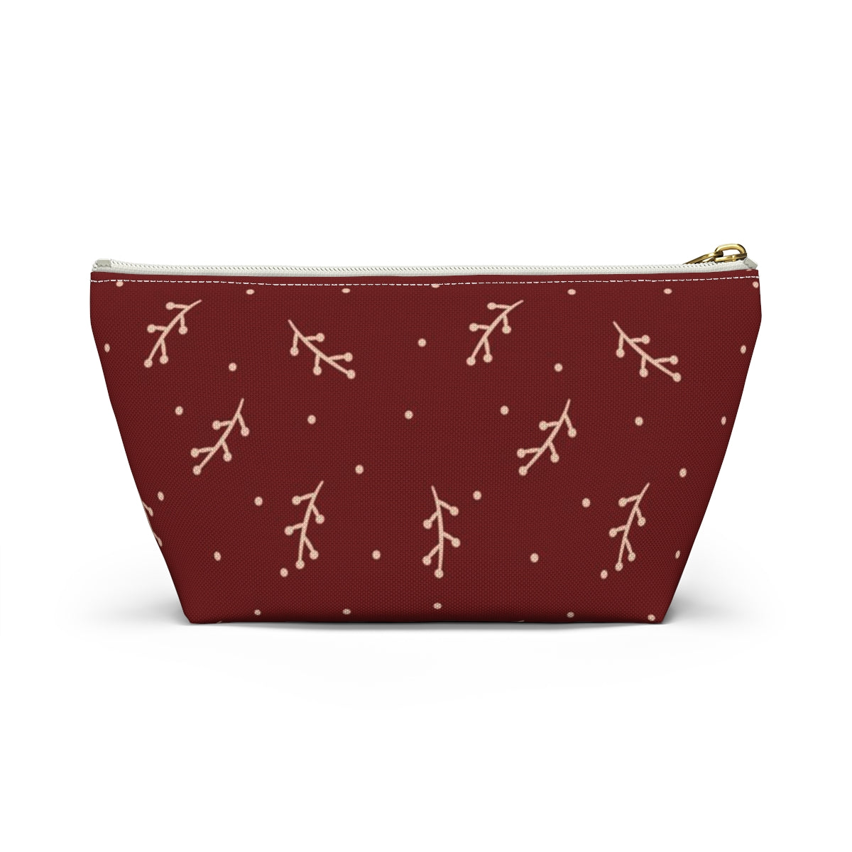 Big Bottom Zipper Pouch - Cream Berry Branches on Berry Background