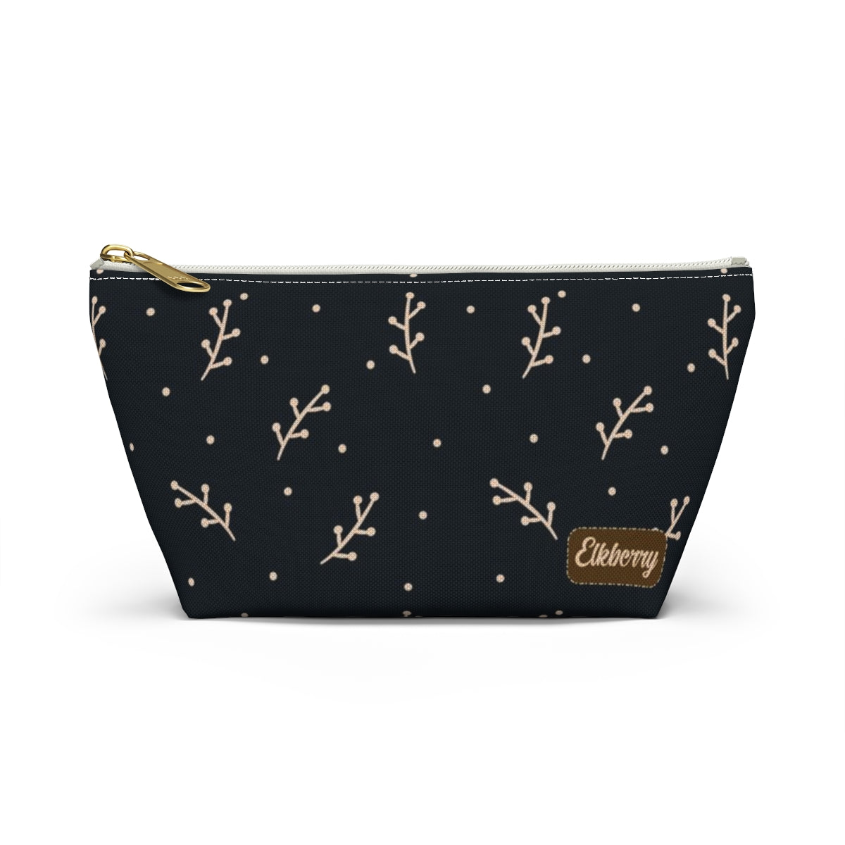 Big Bottom Zipper Pouch - Cream Berry Branches on Navy Background