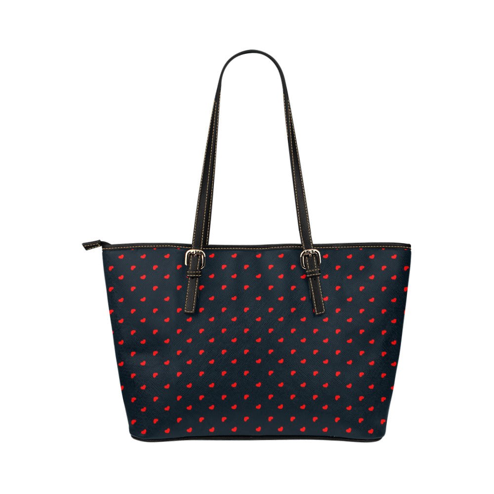 Red Hearts on Navy Vegan Leather Zipper Tote Handbag (Small)