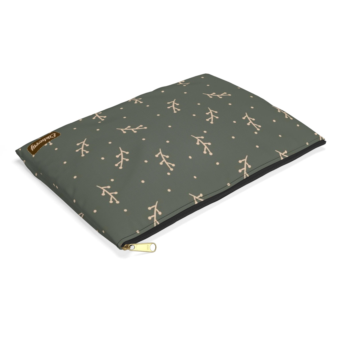 Flat Zipper Pouch - Cream Berry Branches on Olive Background