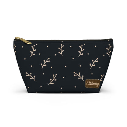 Big Bottom Zipper Pouch - Cream Berry Branches on Navy Background