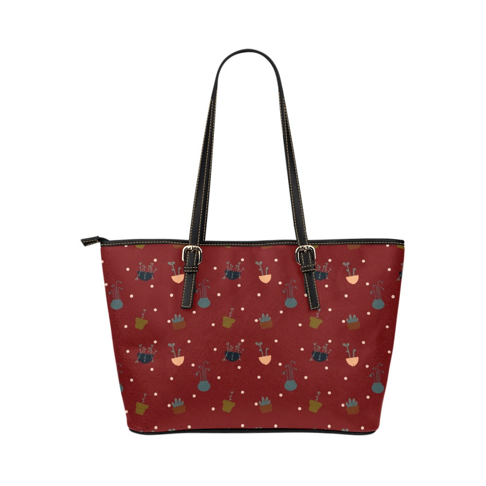 Potted Plants - Red Vegan Leather Zipper Tote Handbag (Small)