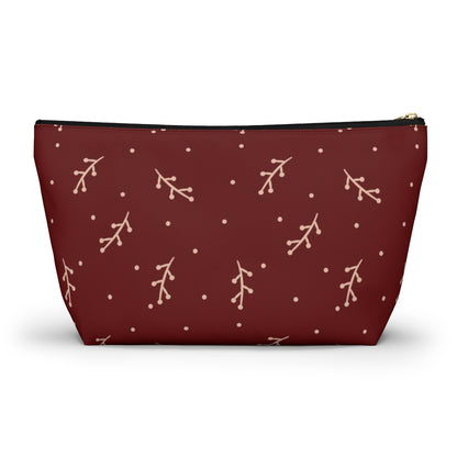 Big Bottom Zipper Pouch - Cream Berry Branches on Berry Background