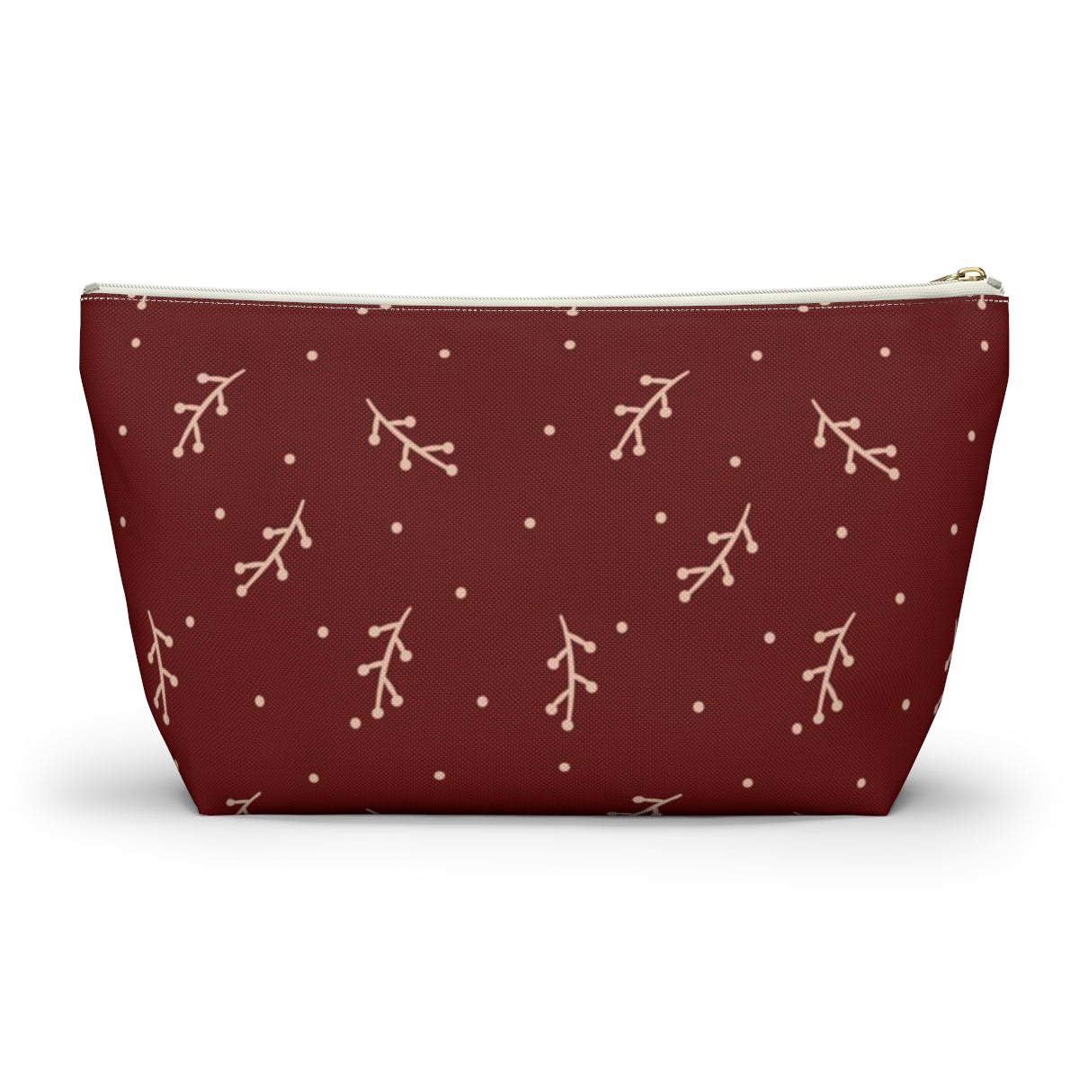 Big Bottom Zipper Pouch - Cream Berry Branches on Berry Background