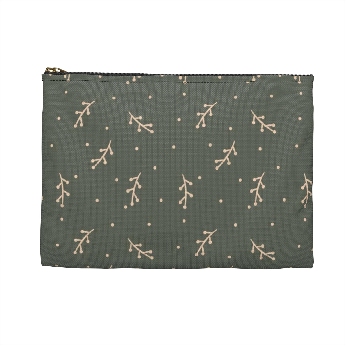 Flat Zipper Pouch - Cream Berry Branches on Olive Background