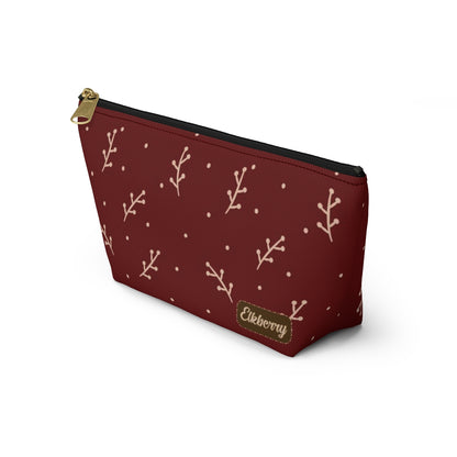 Big Bottom Zipper Pouch - Cream Berry Branches on Berry Background