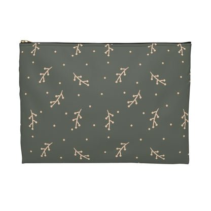 Flat Zipper Pouch - Cream Berry Branches on Olive Background