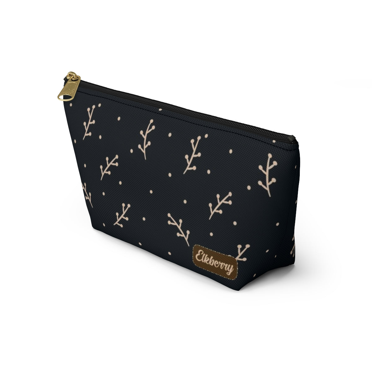 Big Bottom Zipper Pouch - Cream Berry Branches on Navy Background