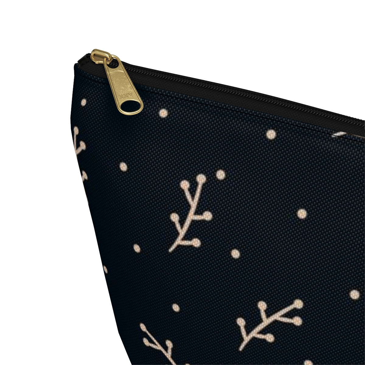 Big Bottom Zipper Pouch - Cream Berry Branches on Navy Background