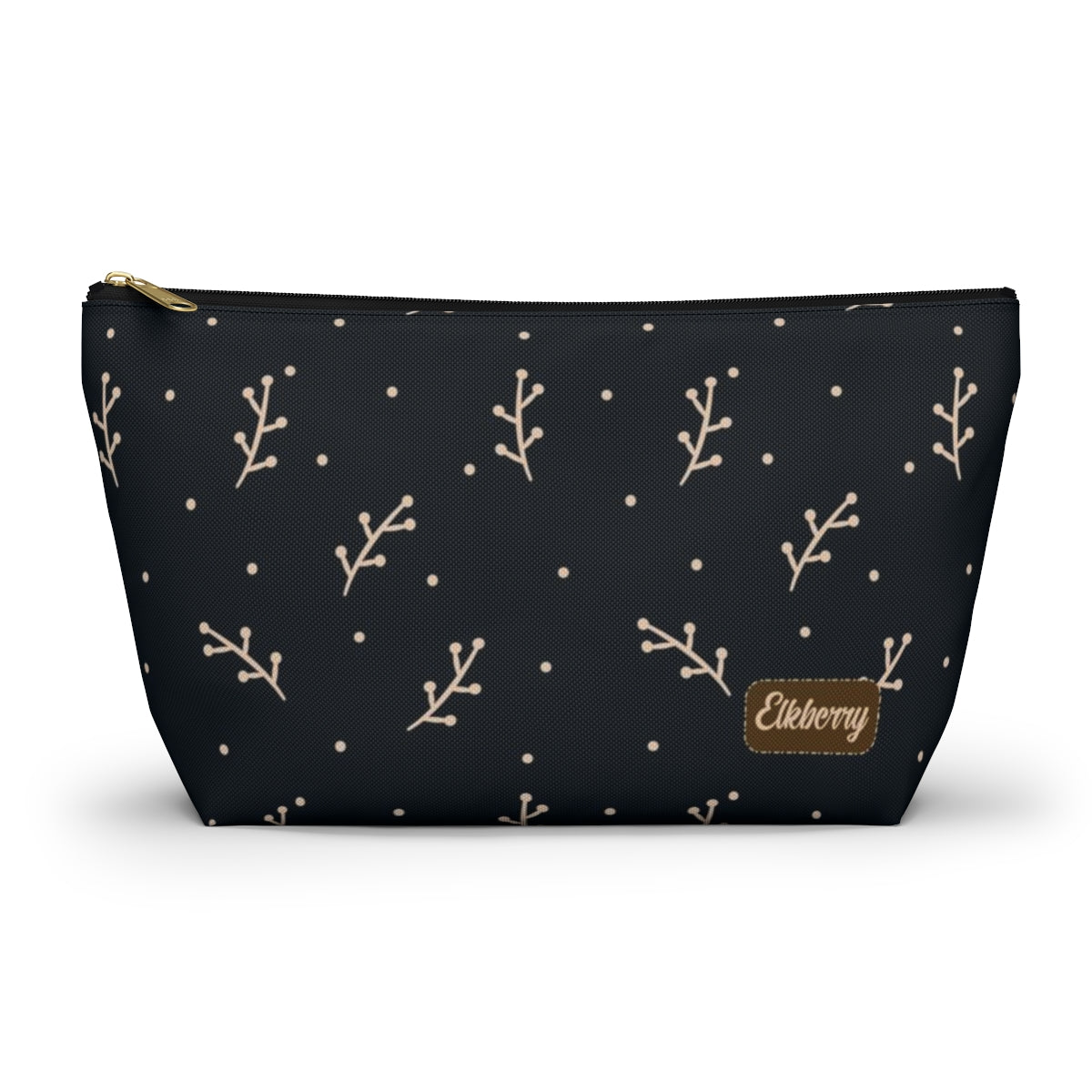 Big Bottom Zipper Pouch - Cream Berry Branches on Navy Background