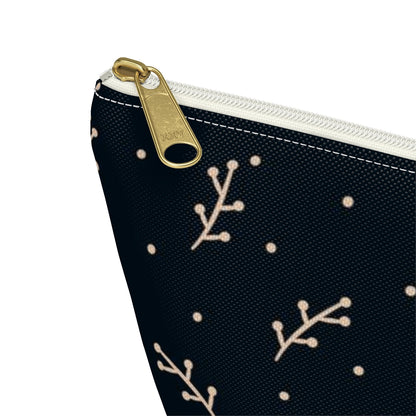 Big Bottom Zipper Pouch - Cream Berry Branches on Navy Background