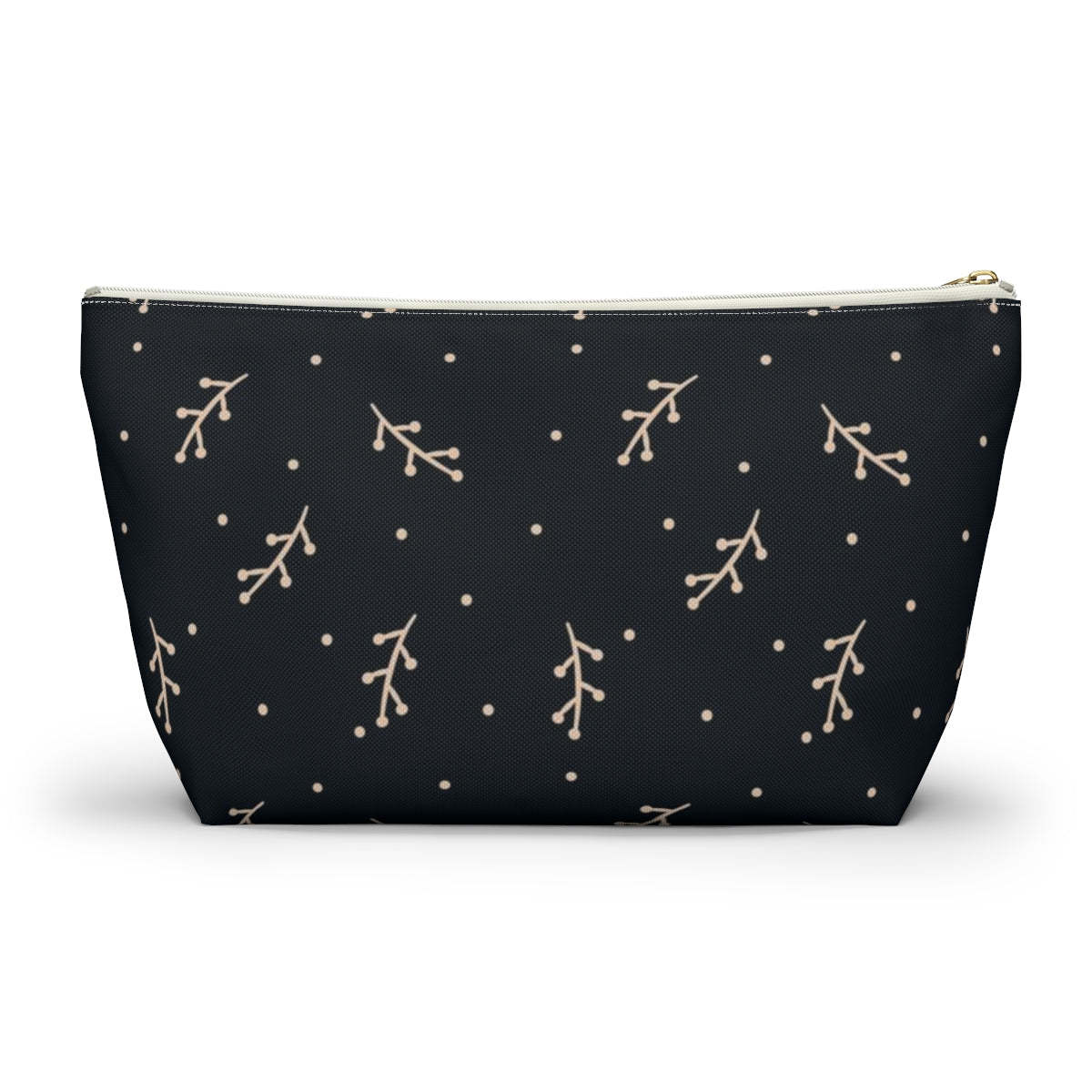 Big Bottom Zipper Pouch - Cream Berry Branches on Navy Background