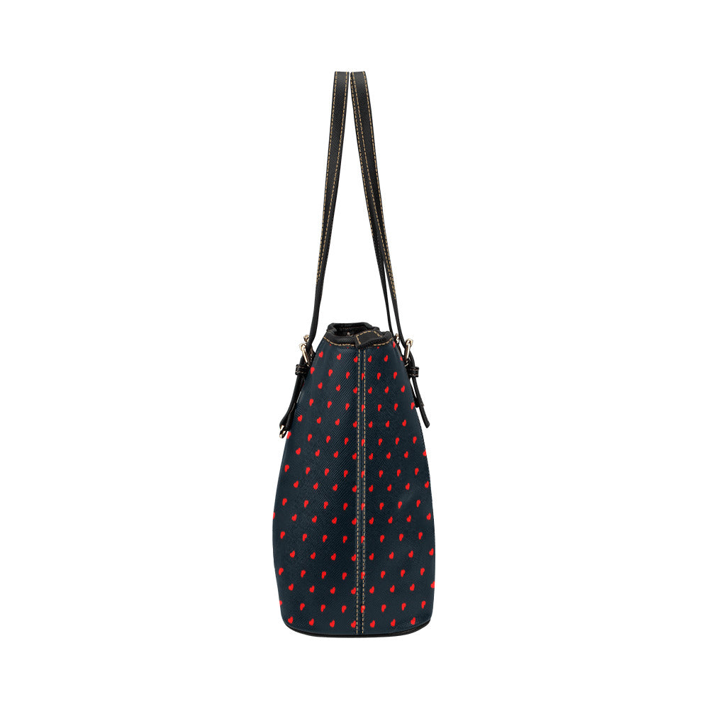 Red Hearts on Navy Vegan Leather Zipper Tote Handbag (Small)