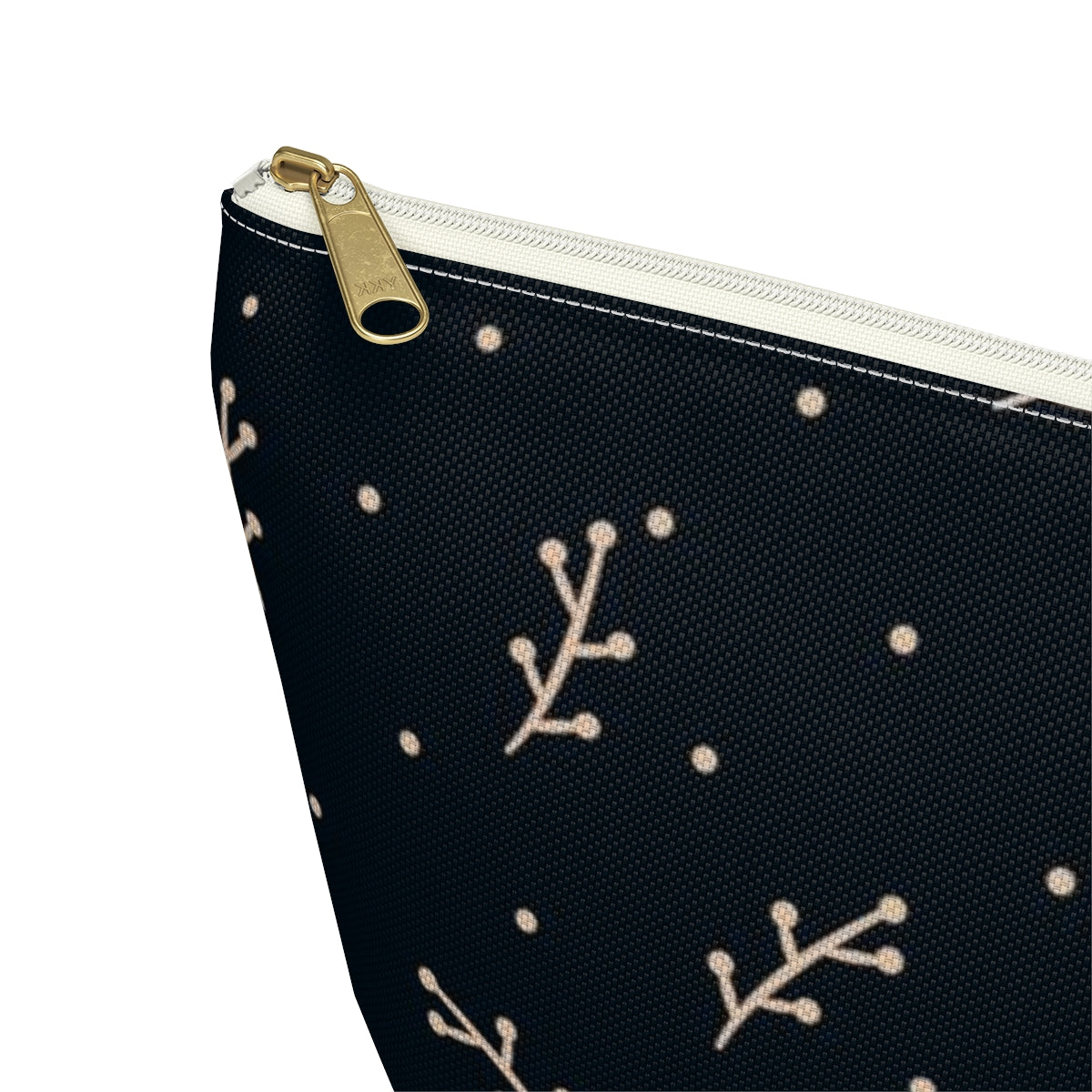 Big Bottom Zipper Pouch - Cream Berry Branches on Navy Background