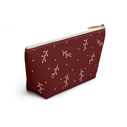 Big Bottom Zipper Pouch - Cream Berry Branches on Berry Background