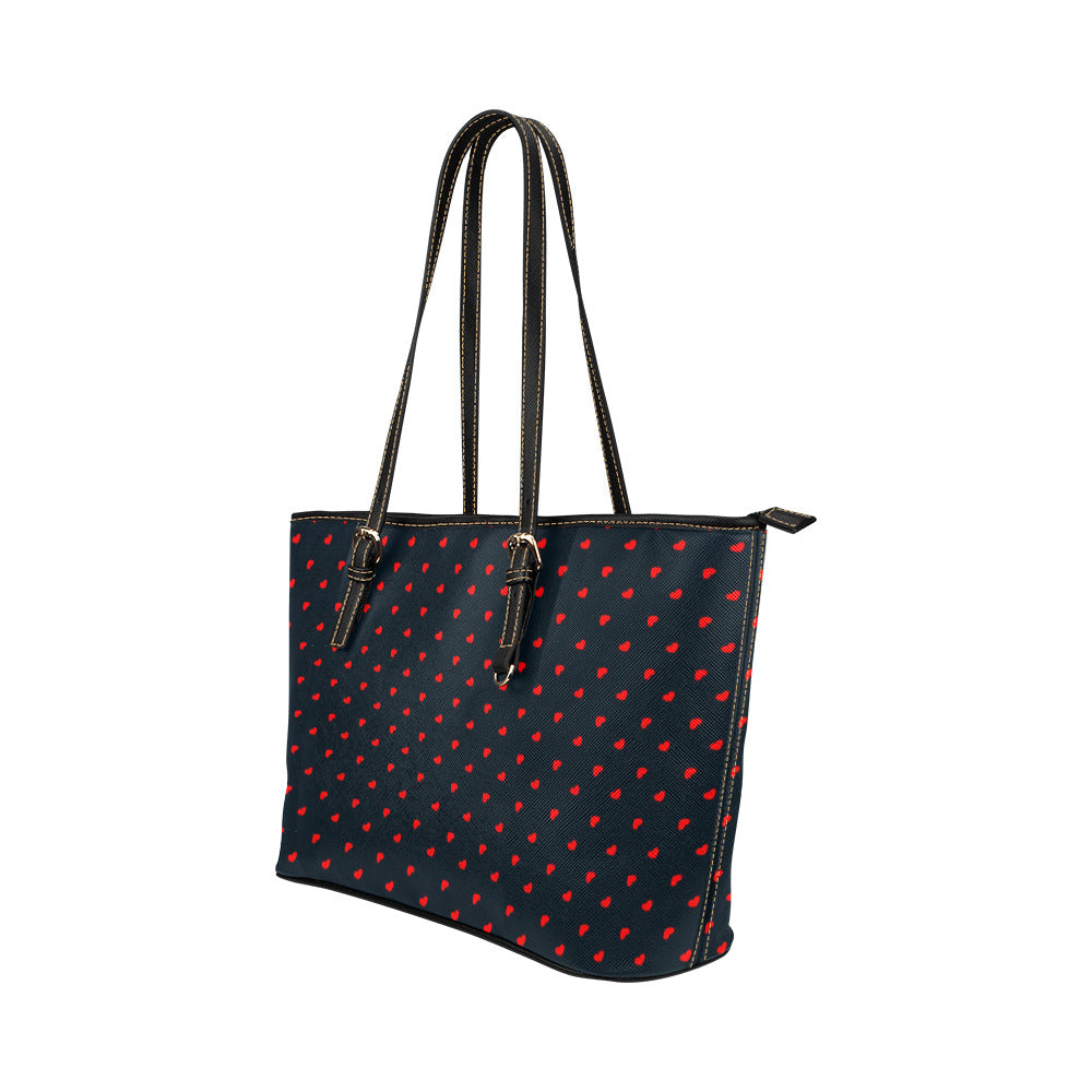 Red Hearts on Navy Vegan Leather Zipper Tote Handbag (Small)