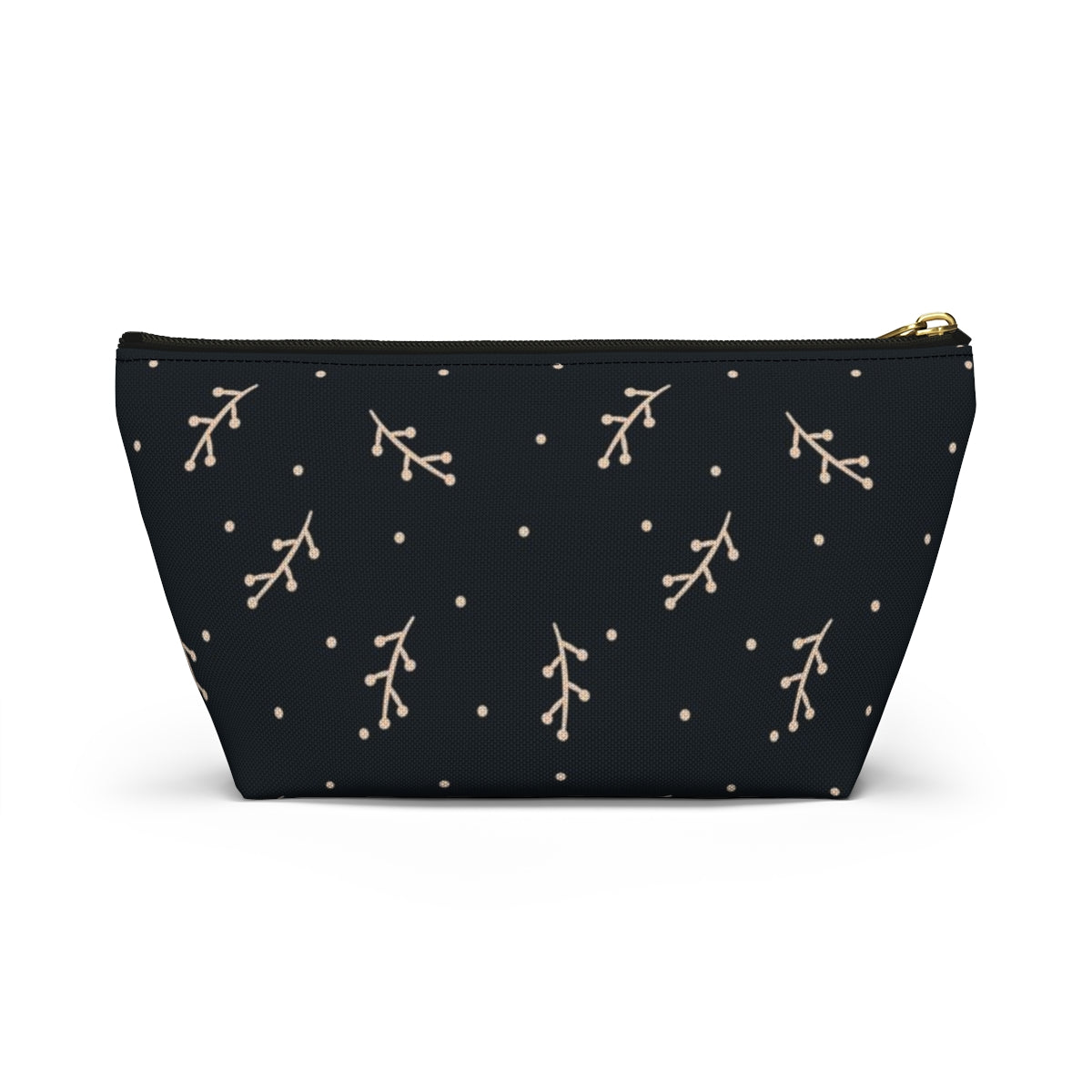 Big Bottom Zipper Pouch - Cream Berry Branches on Navy Background