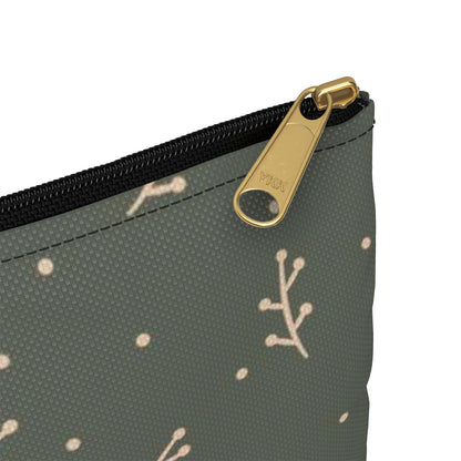 Flat Zipper Pouch - Cream Berry Branches on Olive Background