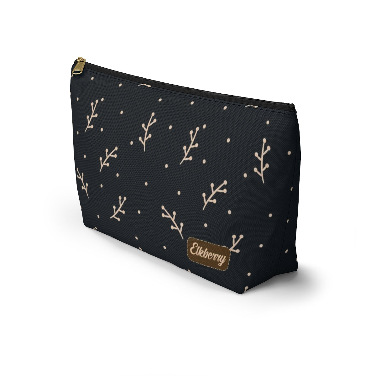 Big Bottom Zipper Pouch - Cream Berry Branches on Navy Background