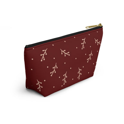 Big Bottom Zipper Pouch - Cream Berry Branches on Berry Background