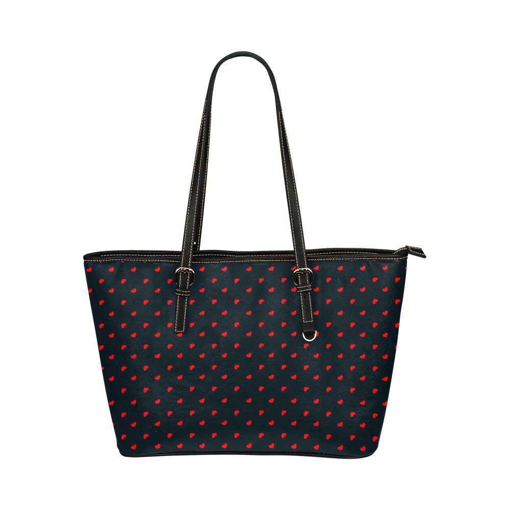 Red Hearts on Navy Vegan Leather Zipper Tote Handbag (Small)