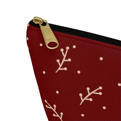 Big Bottom Zipper Pouch - Cream Berry Branches on Berry Background