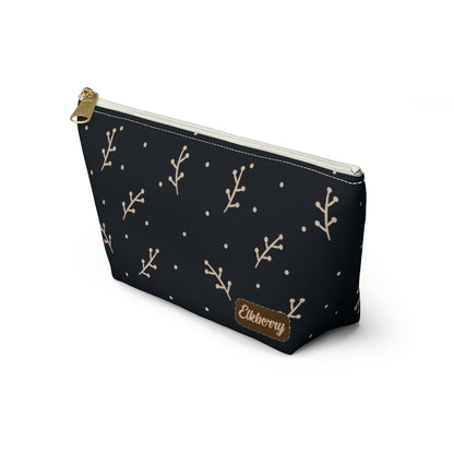 Big Bottom Zipper Pouch - Cream Berry Branches on Navy Background