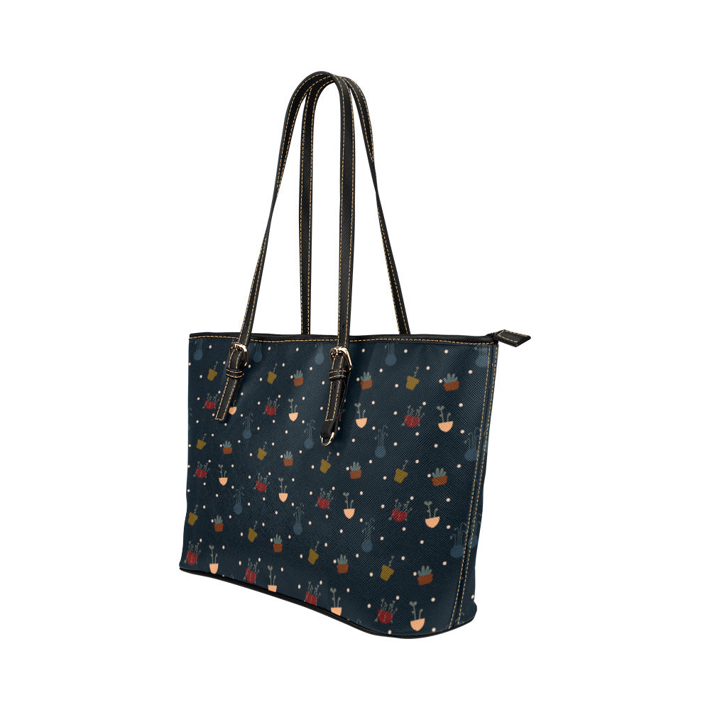 Potted Plants - Navy Vegan Leather Zipper Tote Handbag (Large)