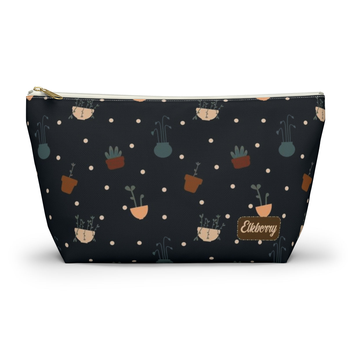 Big Bottom Zipper Pouch - Potted Plants in Navy