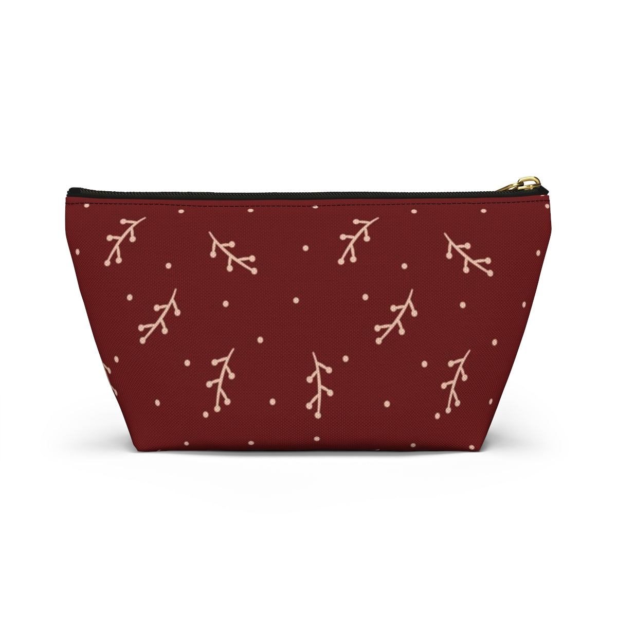 Big Bottom Zipper Pouch - Cream Berry Branches on Berry Background