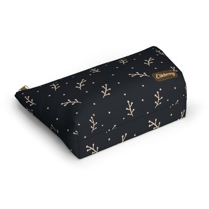 Big Bottom Zipper Pouch - Cream Berry Branches on Navy Background