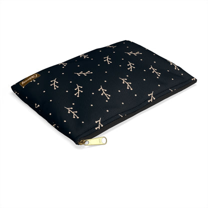 Flat Zipper Pouch - Cream Berry Branches on Navy Background