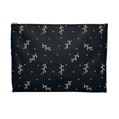 Flat Zipper Pouch - Cream Berry Branches on Navy Background