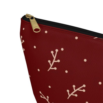 Big Bottom Zipper Pouch - Cream Berry Branches on Berry Background