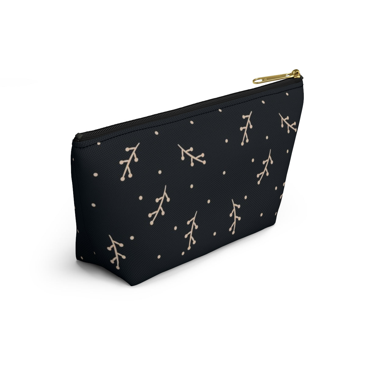 Big Bottom Zipper Pouch - Cream Berry Branches on Navy Background