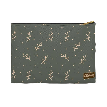 Flat Zipper Pouch - Cream Berry Branches on Olive Background