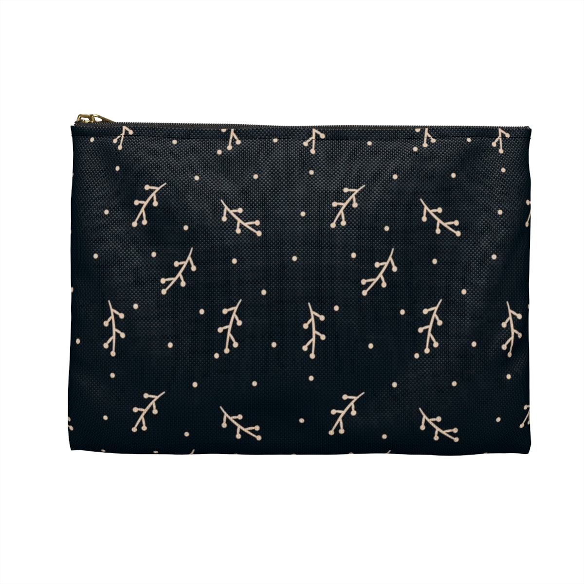 Flat Zipper Pouch - Cream Berry Branches on Navy Background