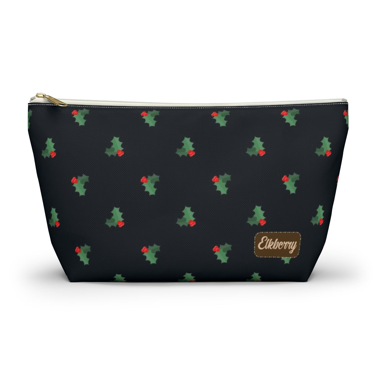 Big Bottom Zipper Pouch - Holly Leaves & Berries