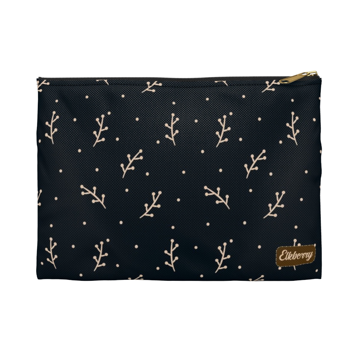 Flat Zipper Pouch - Cream Berry Branches on Navy Background